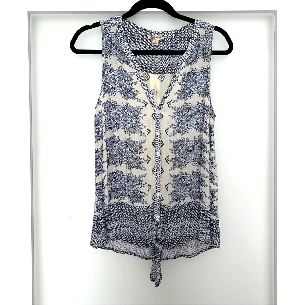 Lucky Brand blue cream sleeveless tie front blouse Small